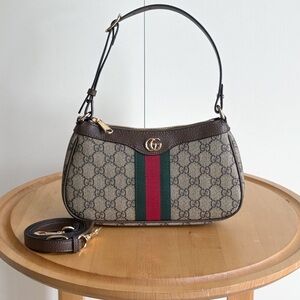 Gucci Beige and Brown Shoulder Bag with Red and Green Stripe